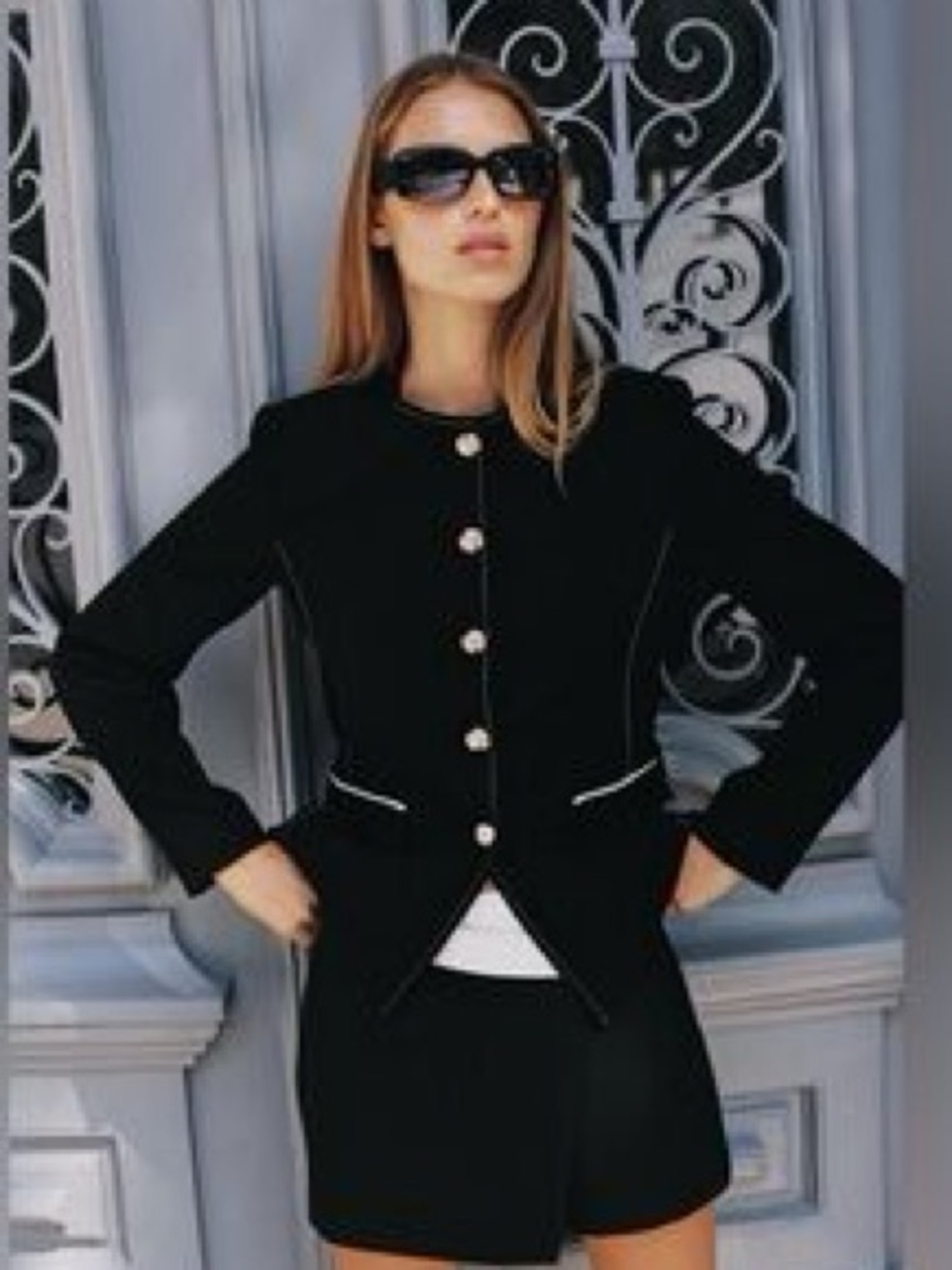 Zara Black Tailored Button-Front Blazer with Gold Buttons